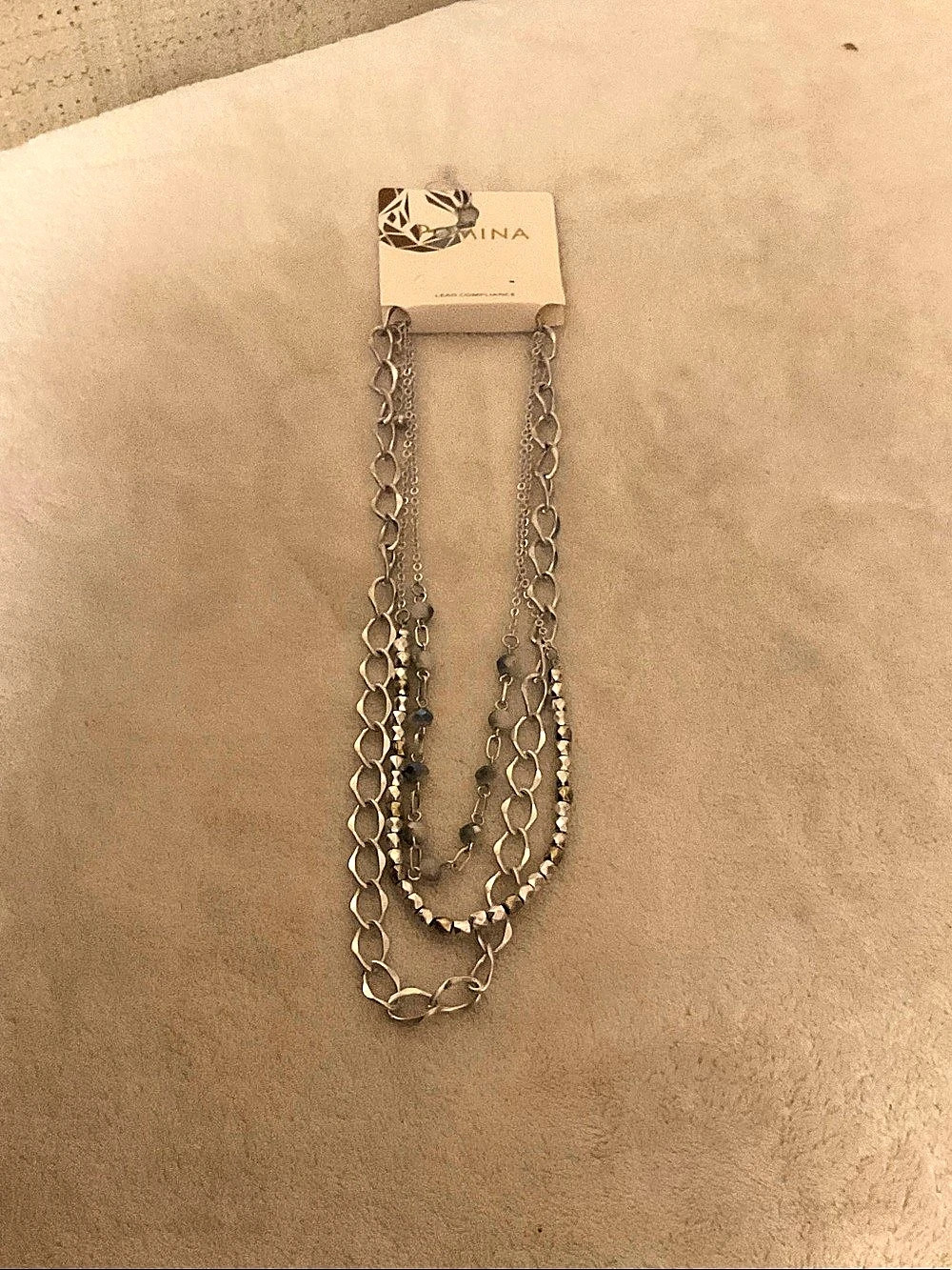 Alina Layered Beaded Chain Necklace in Silver & White NWT